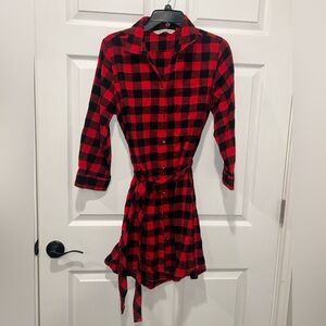 Woolrich Women’s Dress Size L Red Black Buffalo Plaid Flannel 3/4 Sleeve Belted